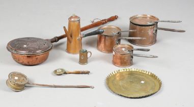 A set of three Victorian graduated copper saucepans with iron handles and matching lids, an early