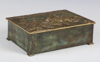 An early 20th century gilt and green patinated bronze casket of rectangular form, the hinged lid