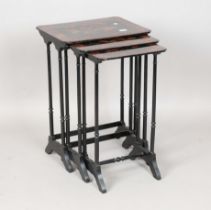 A late 19th century Japanese black lacquered nest of three occasional tables, height 71cm, width
