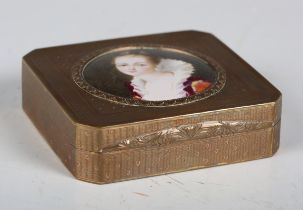 A late 19th/early 20th century Continental gilt metal canted rectangular box with overall engine