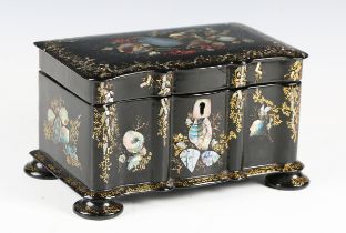 A Victorian papier-mâché twin-division tea caddy, inlaid with mother-of-pearl and gilt decorated