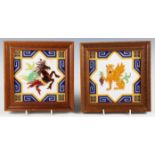 A pair of Minton & Co majolica tiles, circa 1860/70, the first moulded with a seated griffin holding