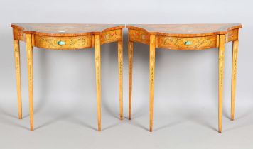 A pair of late 20th century Neoclassical style satinwood and painted side tables, decorated with urn