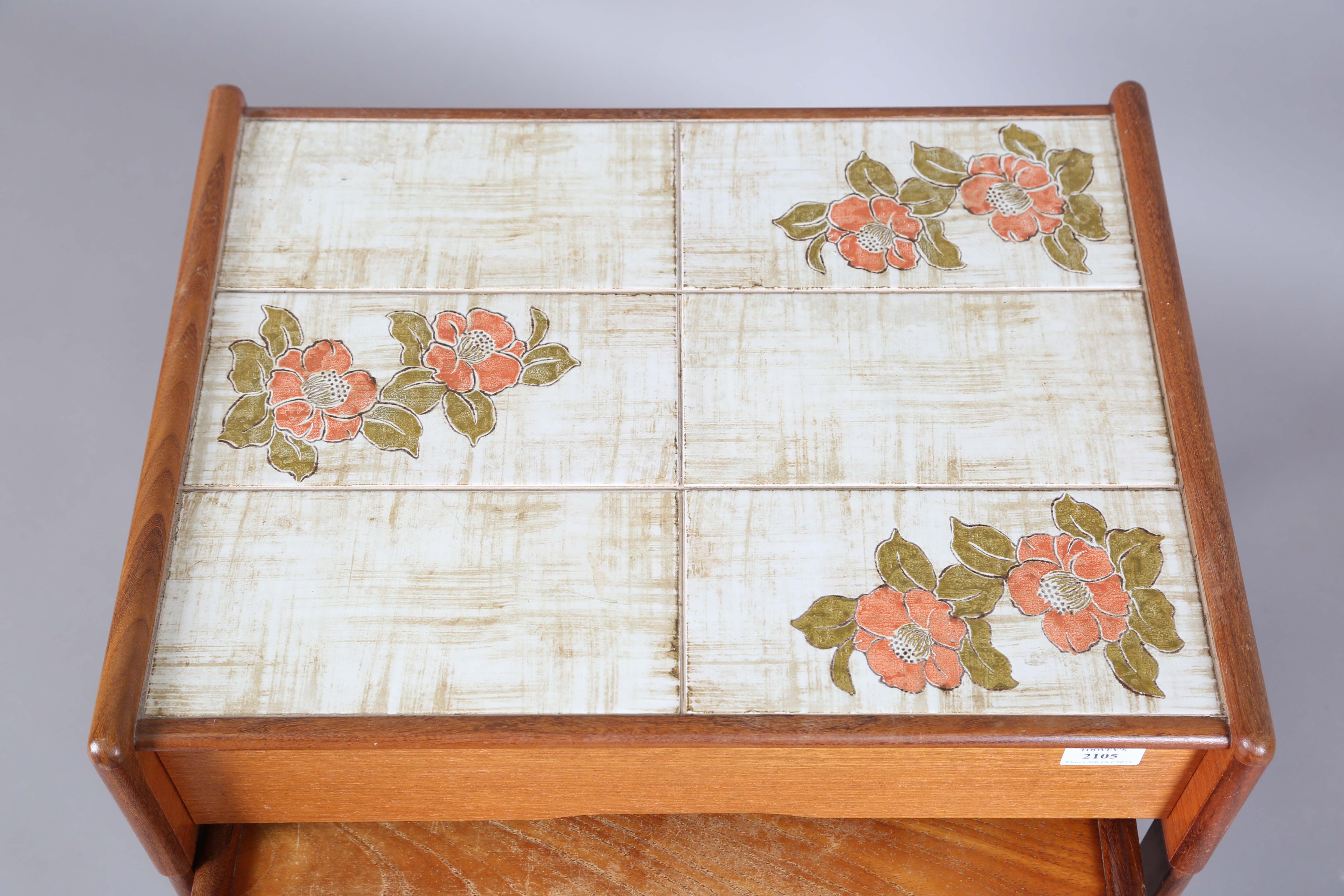 A mid-20th century G-Plan teak nest of three occasional tables, the top table fitted with a tiled - Image 6 of 6