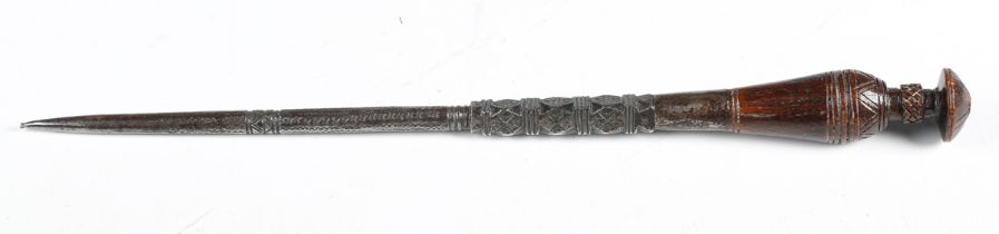 An unusual 18th century hardwood-handled steel sailor's fid or marlin spike, the finely carved