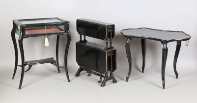 An early 20th century ebonized bijouterie table, height 76cm, width 60cm, depth 42cm, a similar