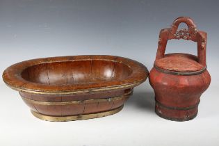 A Chinese stained elm and brass bound coopered basin, length 55cm, together with a Chinese red