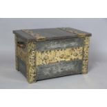 An early 20th century Arts and Crafts tin and brass mounted coal box, the hinged lid and body with