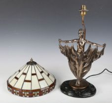 A modern silvered composite figural table lamp, modelled as an Art Deco dancer, with a Tiffany style