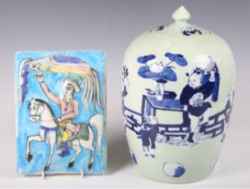 A modern Chinese style porcelain vase and cover, decorated with figures, height 29cm, and a modern