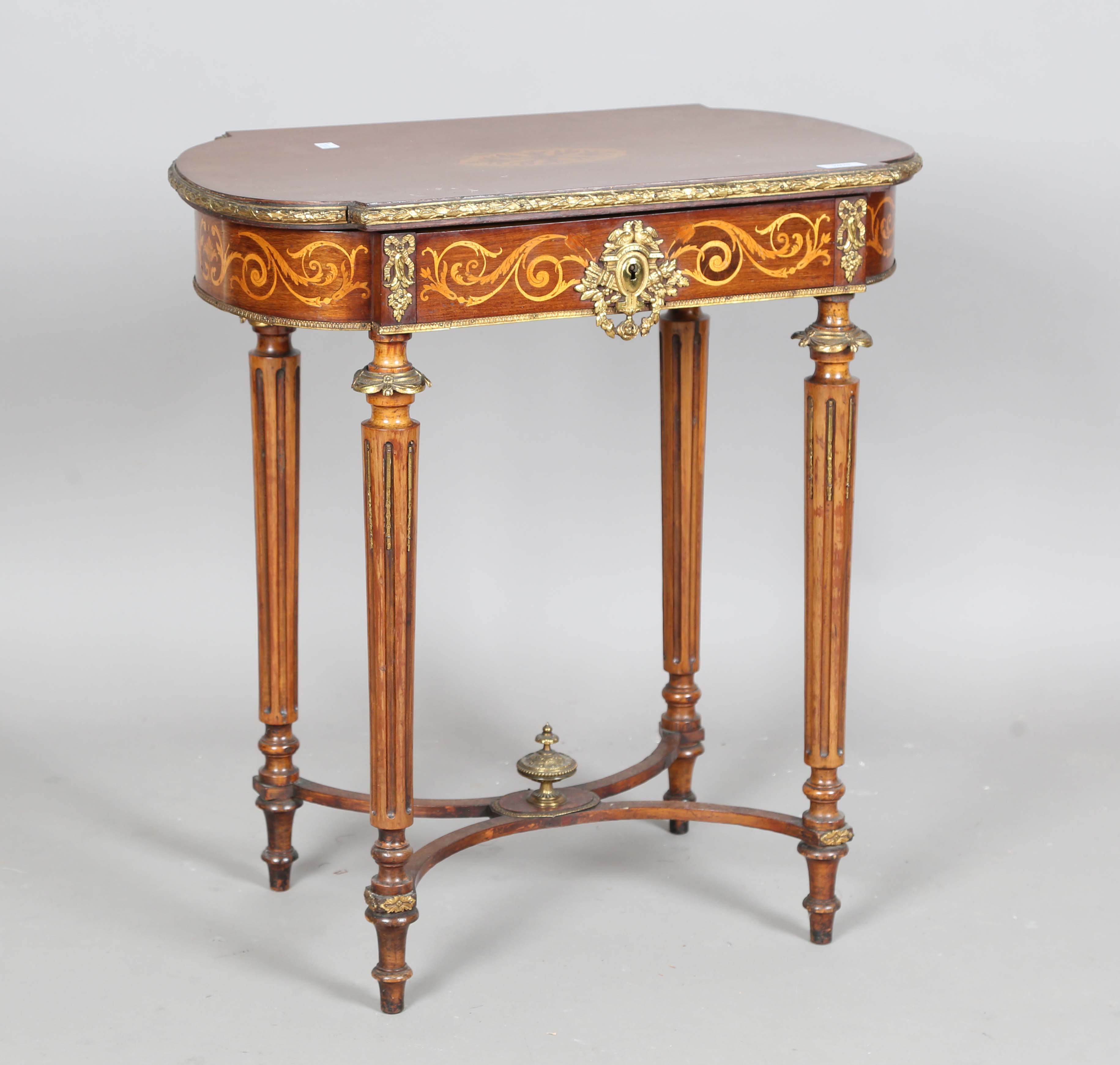 A late 19th century French mahogany and gilt metal mounted poudreuse dressing table, height 70cm,
