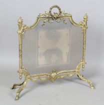 An early/mid-20th century gilt brass firescreen with foliate cast ring handle and flame finials