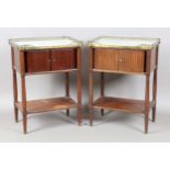 A pair of 19th century French mahogany marble-topped bedside cabinets with pierced brass galleries