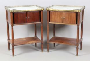 A pair of 19th century French mahogany marble-topped bedside cabinets with pierced brass galleries