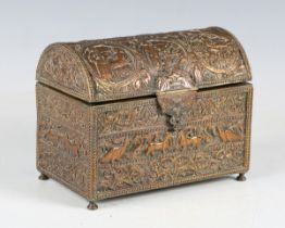 A 19th century Continental copper plated brass dome-topped casket, profusely decorated in an Anglo-