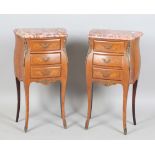 A pair of 20th century French kingwood marble-topped bedside chests with applied gilt metal