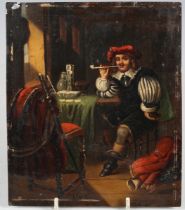 A 20th century Continental painted metal panel depicting a Dutch style interior scene of a seated