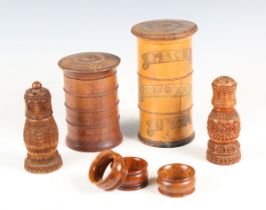 A 19th century turned sycamore three-section spice tower, height 15cm (faults), another turned treen