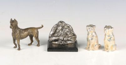 An early 20th century Austrian patinated bronze model of a dog, height 8cm, a pair of modern white