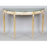 A George III Neoclassical cream painted and gilt gesso demi-lune side table with a later green