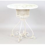 A 20th century wrought iron marble-topped garden table, height 78cm, diameter 70cm.Buyer’s Premium