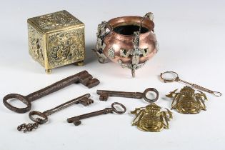 An early 20th century Tibetan copper hanging bowl with brass dragon embellishments, height 11cm, a