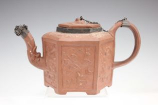 A white metal mounted red stoneware Yixing style teapot and cover, late 18th/19th century,