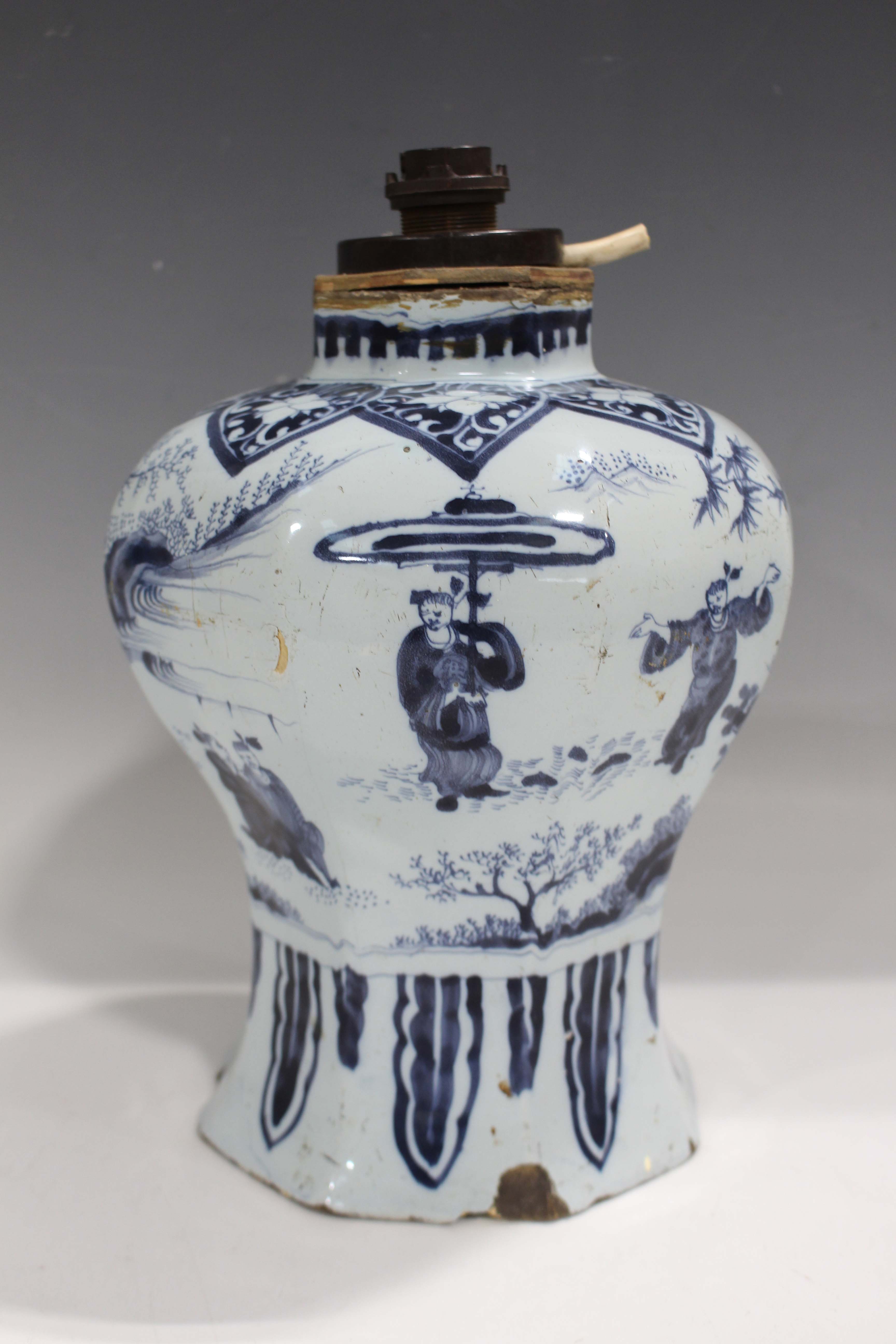 A Dutch Delft blue and white vase, 17th/18th century, the octagonal baluster body painted in Chinese - Image 7 of 10