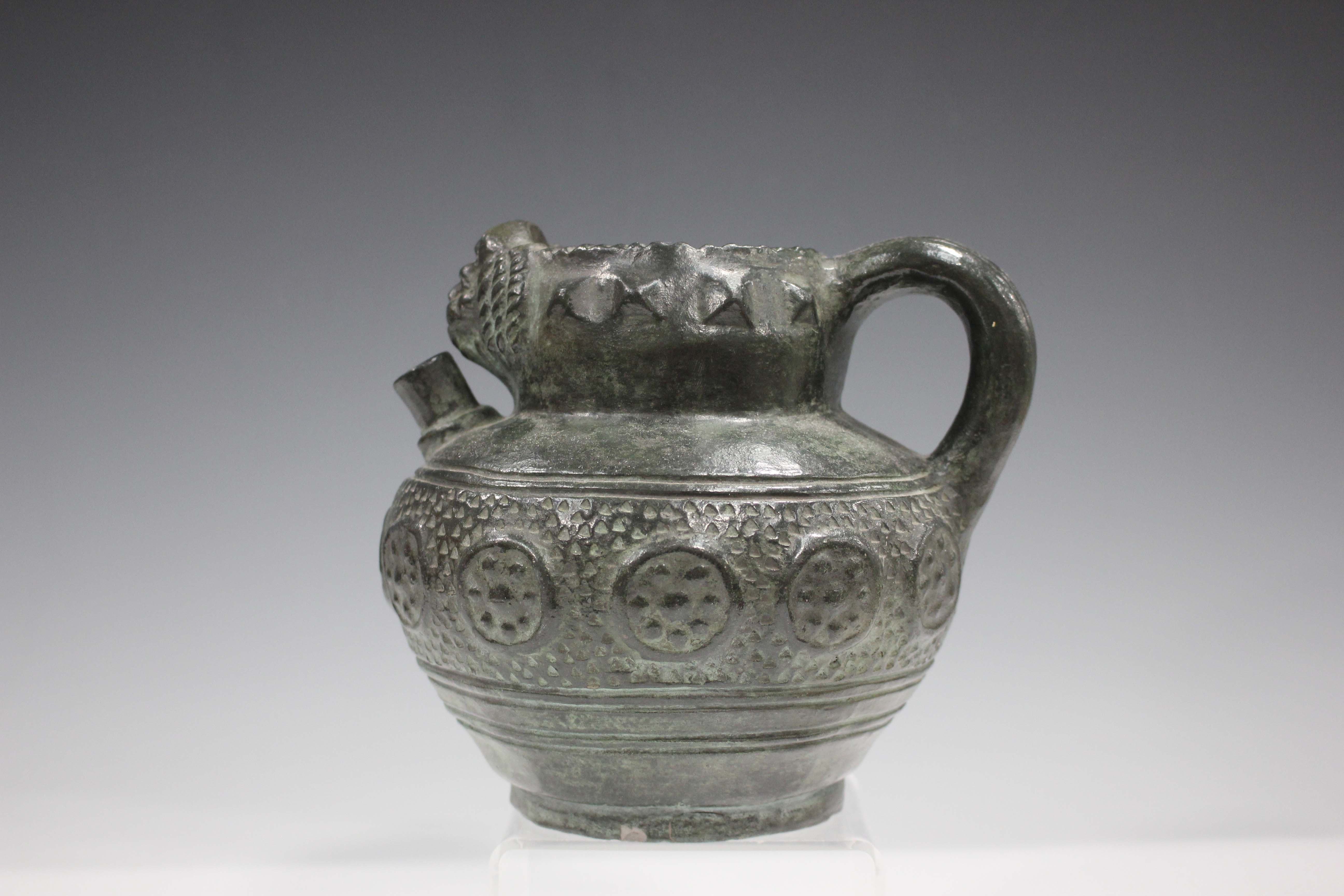 A Ridgway Eglinton Tournament pale green stoneware relief moulded jug, circa 1840, with pewter - Image 9 of 18