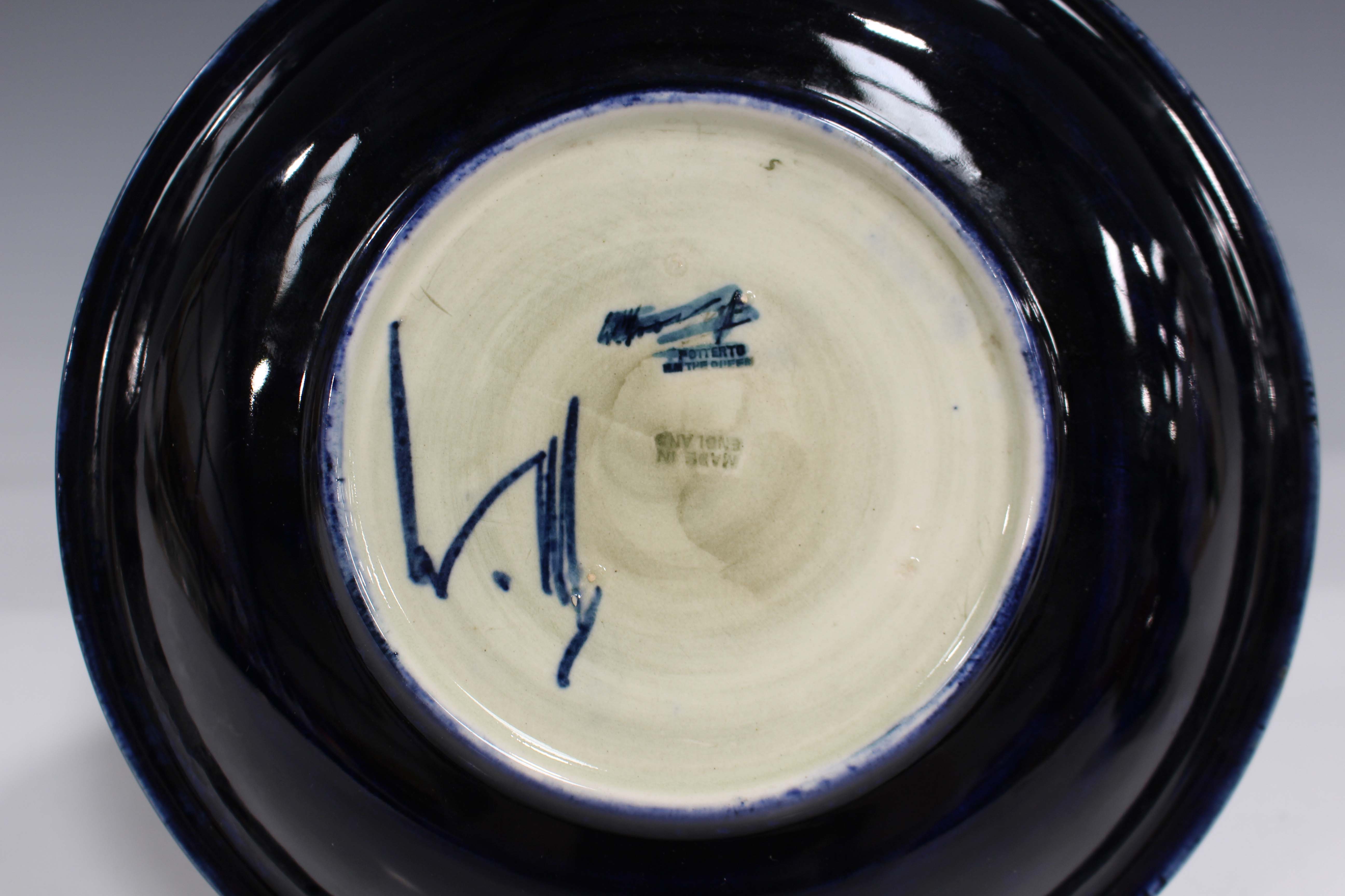 A Moorcroft dark blue ground Anemone pattern plate, mid-20th century, impressed facsimile - Image 2 of 6