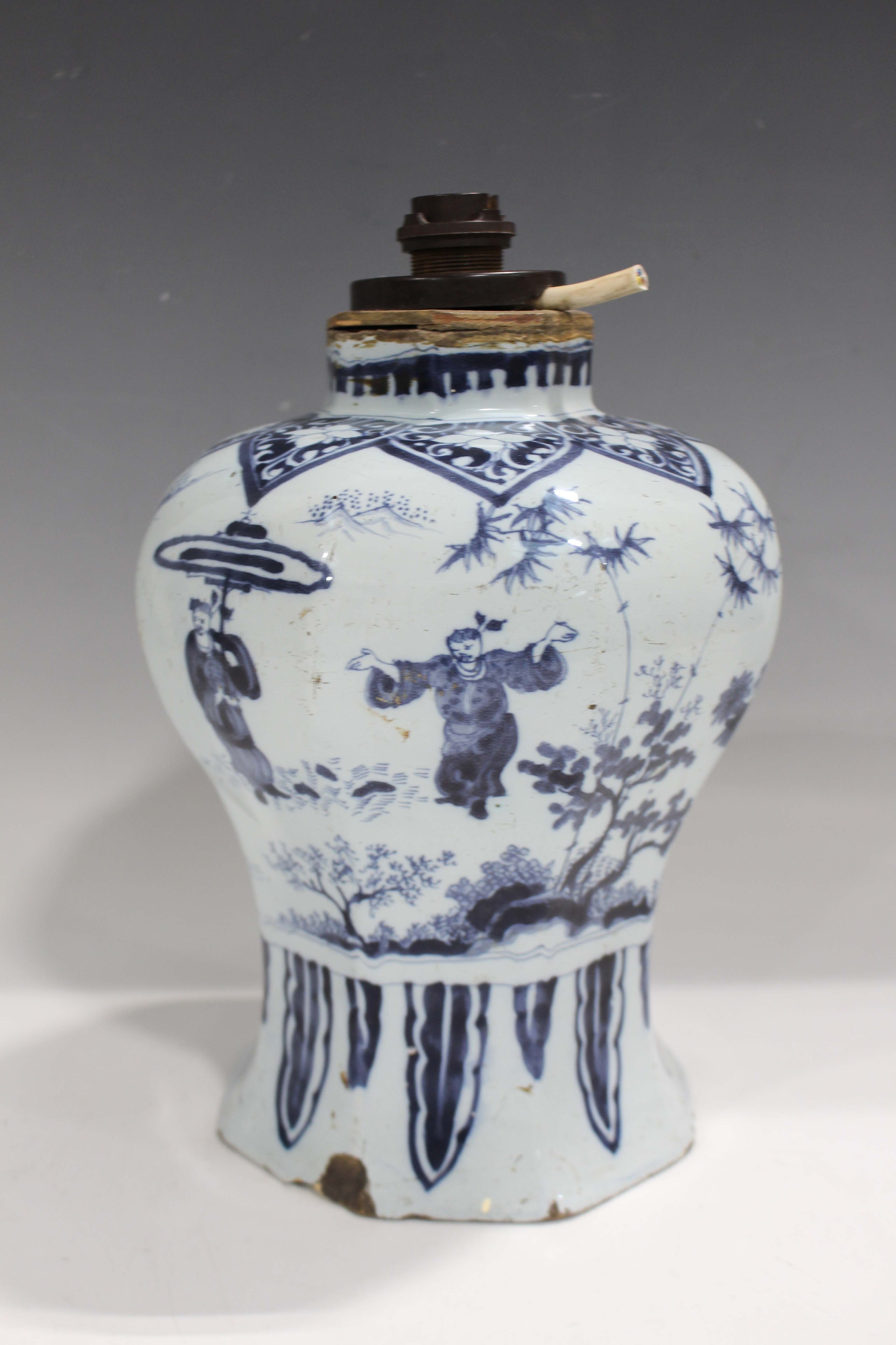 A Dutch Delft blue and white vase, 17th/18th century, the octagonal baluster body painted in Chinese - Image 8 of 10