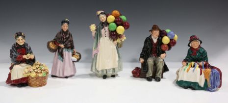 Five Royal Doulton figures, comprising Primroses, HN1617, Biddy Pennyfarthing, HN1843, The Orange