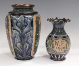 A Doulton Lambeth stoneware vase, circa 1883, decorated by Martha M. Rogers, with three oval