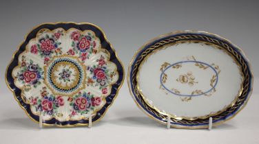 A Worcester hexagonal teapot stand, circa 1770, painted with floral groups beneath a gilt shell