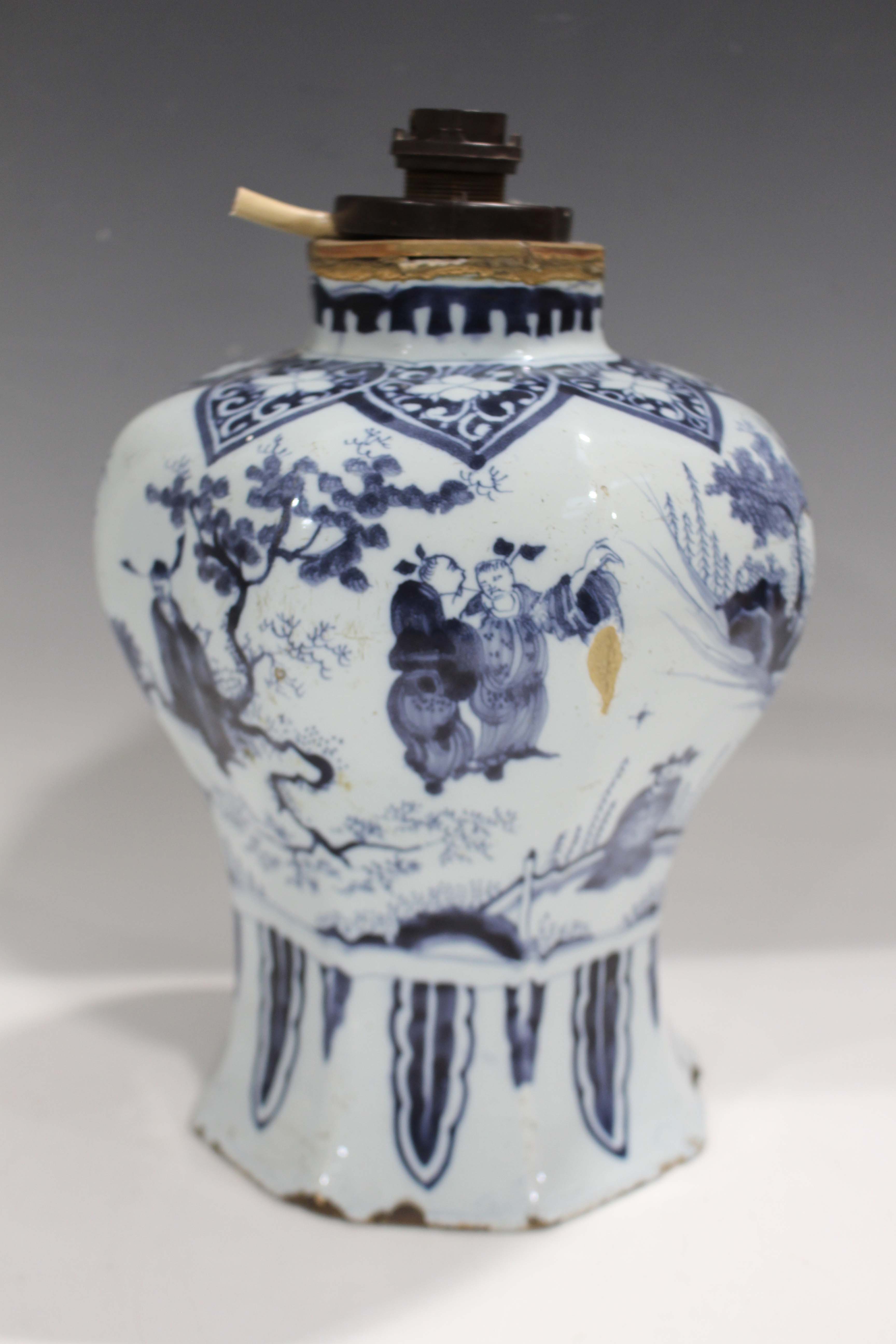 A Dutch Delft blue and white vase, 17th/18th century, the octagonal baluster body painted in Chinese - Image 10 of 10