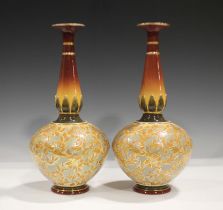 A pair of Royal Doulton Slaters Patent stoneware vases, early 20th century, the bulbous bodies in