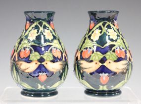 A pair of Moorcroft Strawberry Thief pattern vases, dated 1996, designed by Rachel Bishop, impressed