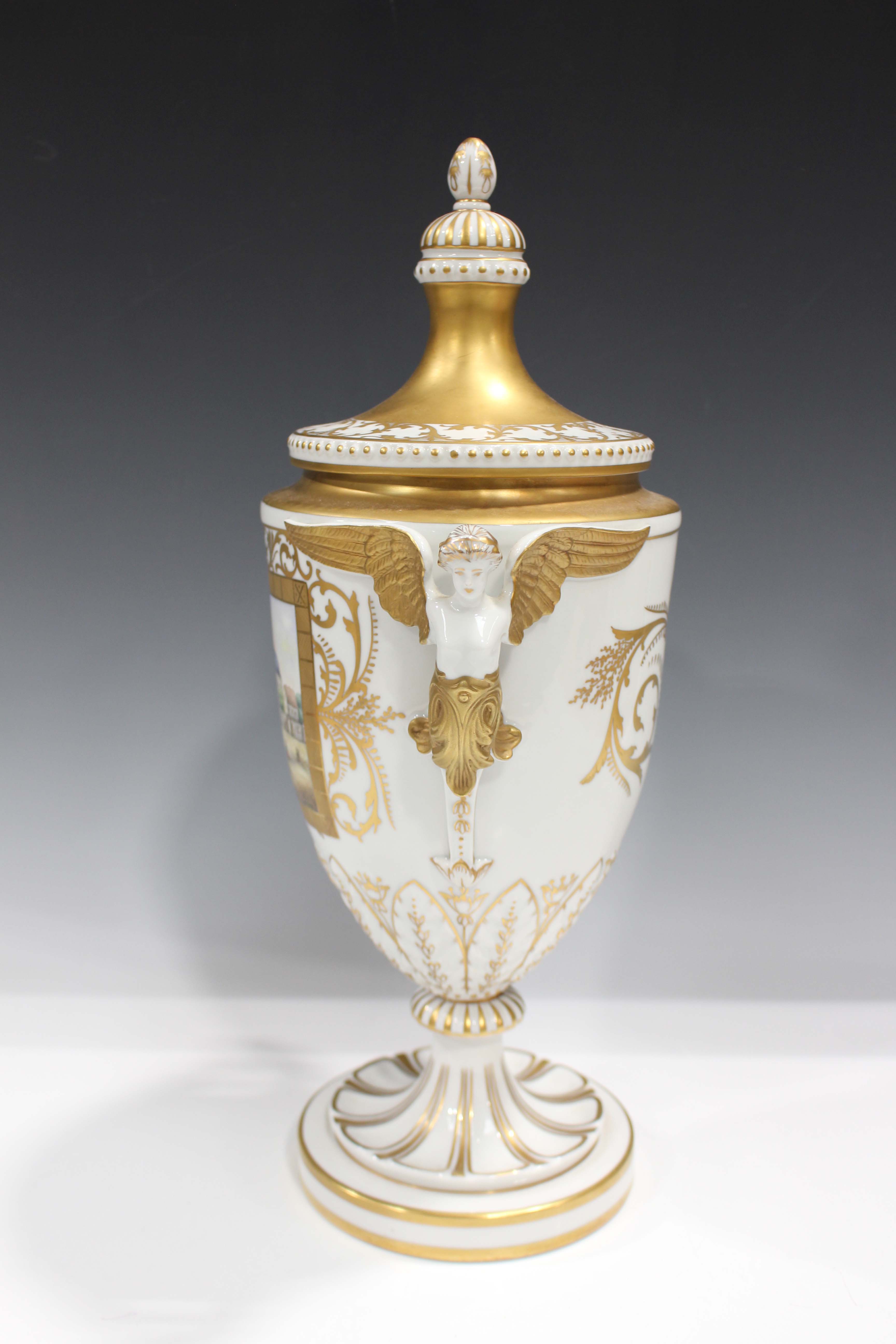 A Dresden porcelain vase and cover, late 20th century, the ovoid body painted with a rectangular - Image 4 of 7