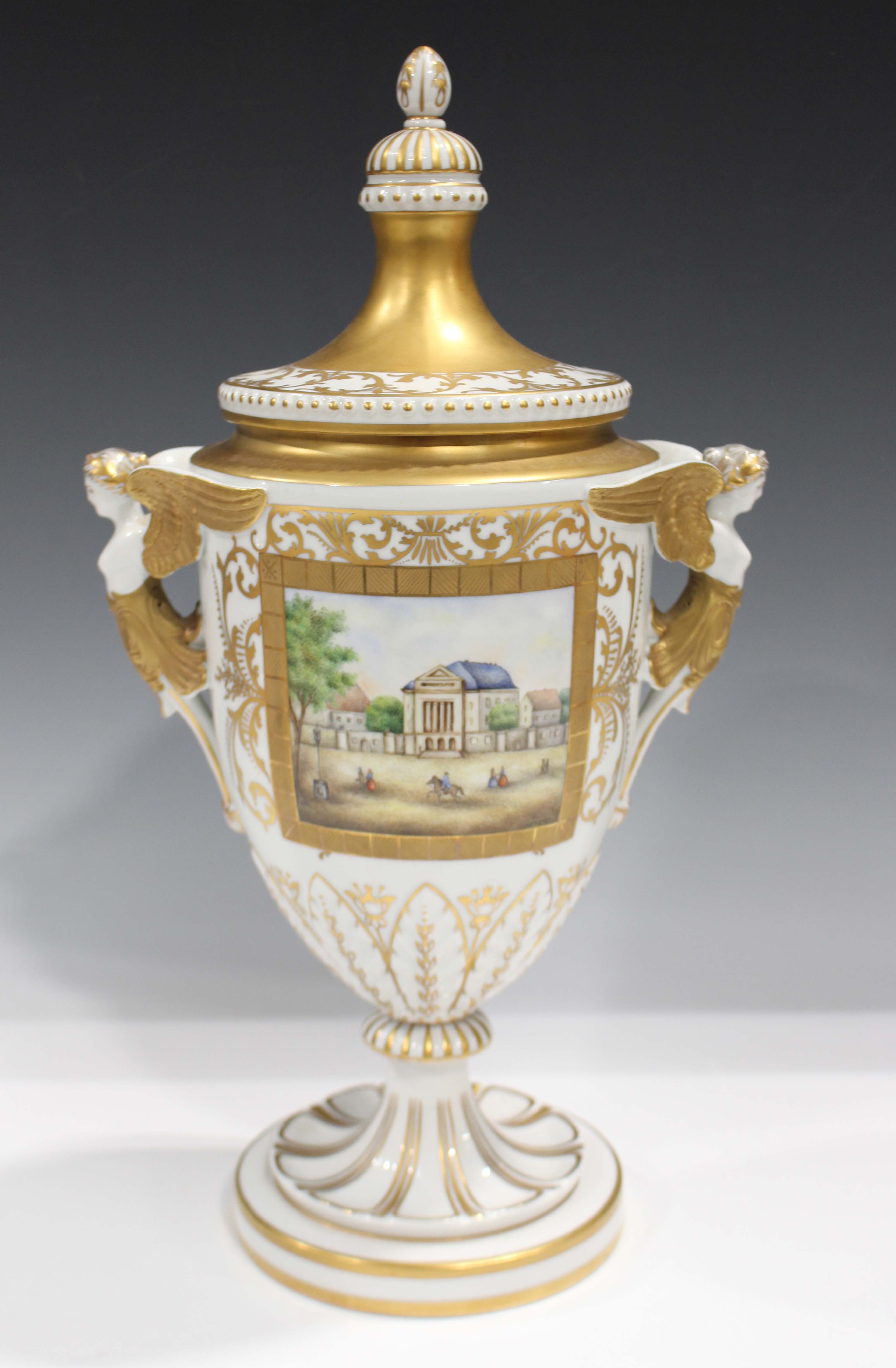 A Dresden porcelain vase and cover, late 20th century, the ovoid body painted with a rectangular