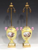 A pair of yellow ground Dresden porcelain Meissen style vases, late 19th/early 20th century, painted
