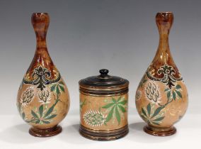 A pair of Doulton Lambeth Slaters Patent stoneware vases, late 19th/early 20th century, decorated