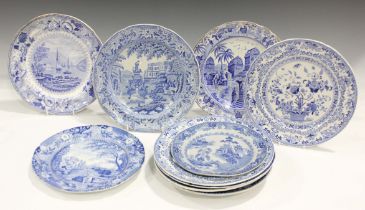 A mixed group of blue printed wares, 19th century, including a Brameld Castle of Rochefort plate,