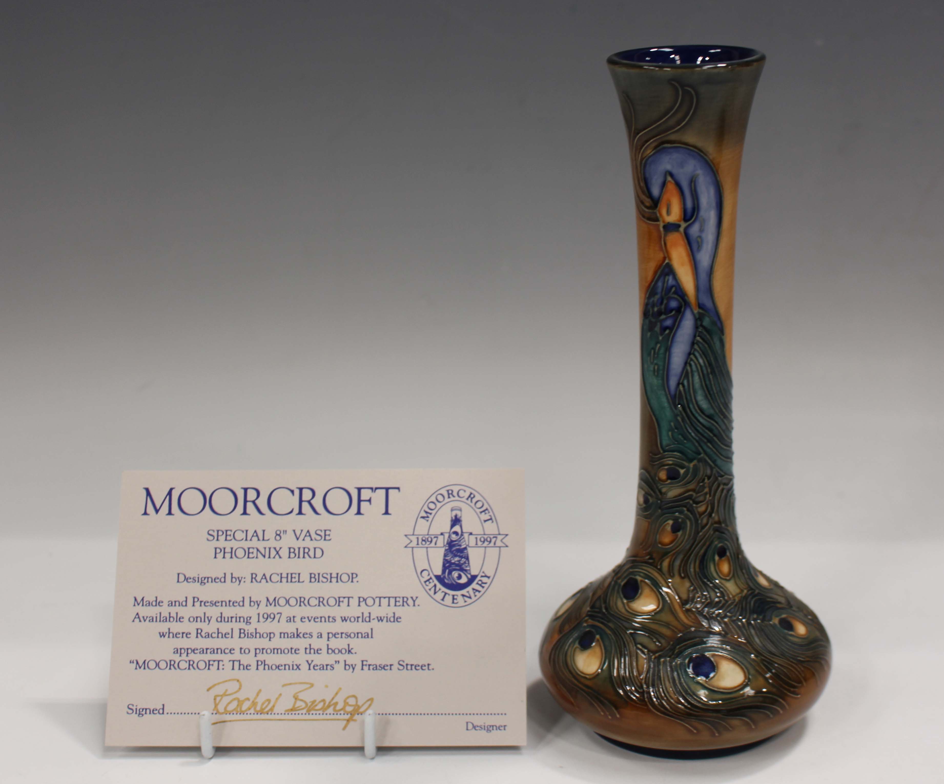 A Moorcroft Phoenix pattern vase, circa 1997, designed by Rachel Bishop, impressed and painted marks