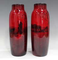 Two similar Royal Doulton flambé vases, first quarter 20th century, one decorated with a shepherd
