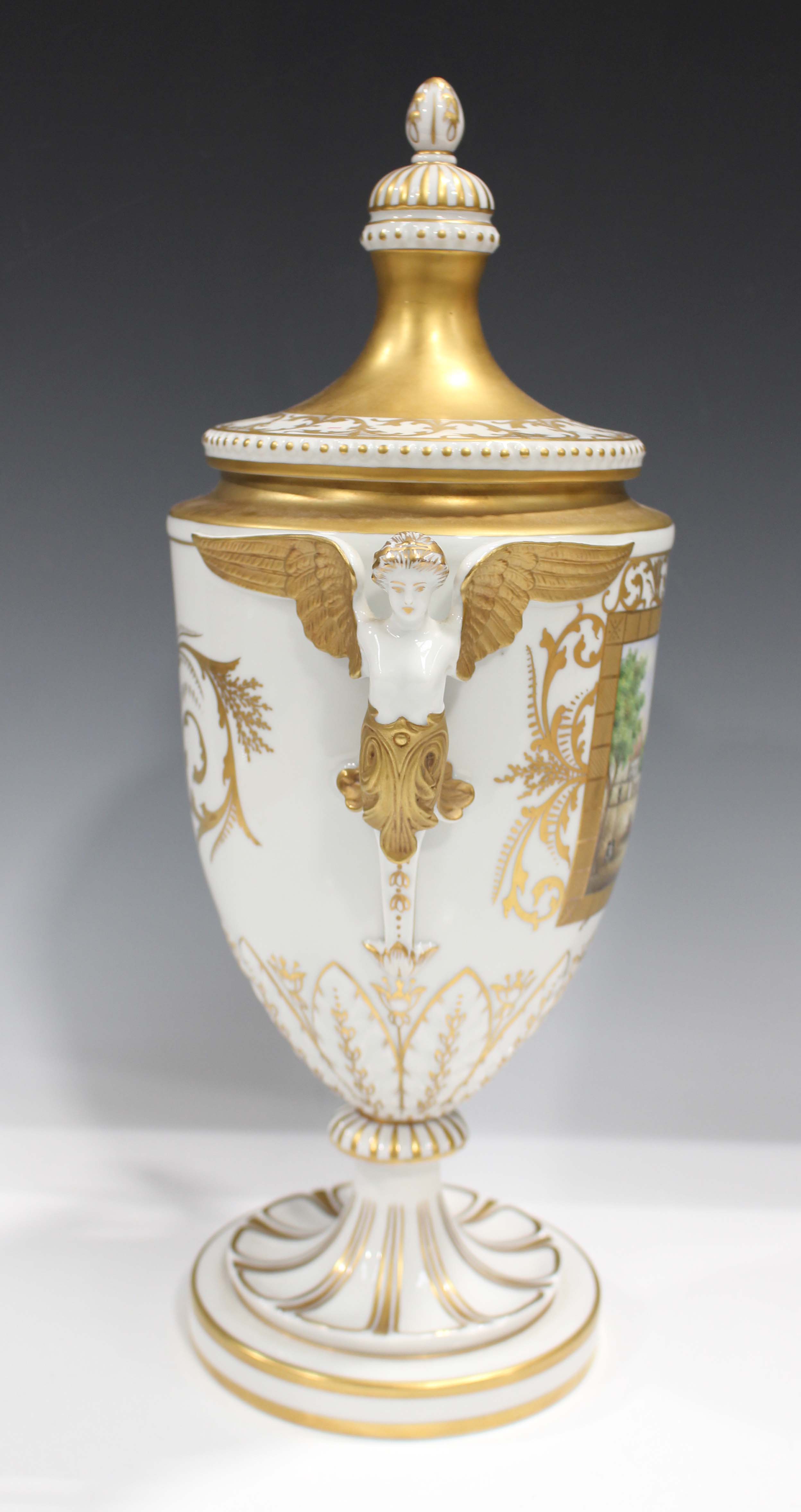 A Dresden porcelain vase and cover, late 20th century, the ovoid body painted with a rectangular - Image 6 of 7