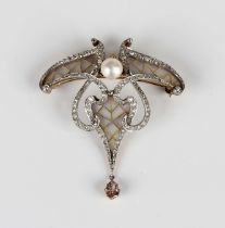 A gold, platinum, diamond, cultured pearl and plique-à-jour enamelled pendant brooch in a