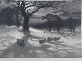 William Brassey Hole, after Joseph Farquharson - O'er Snow-clad Pastures, etching, signed by both