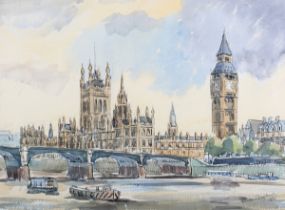 Charles Brooker - Palace at Westminster with the Thames and Westminster Bridge, watercolour,