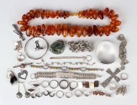 A group of silver and other jewellery, including a treated amber bead necklace, length 53cm, a