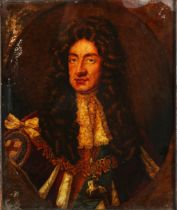 After Godfrey Kneller - King James II, 18th century reverse coloured mezzotint on glass, 29.5cm x